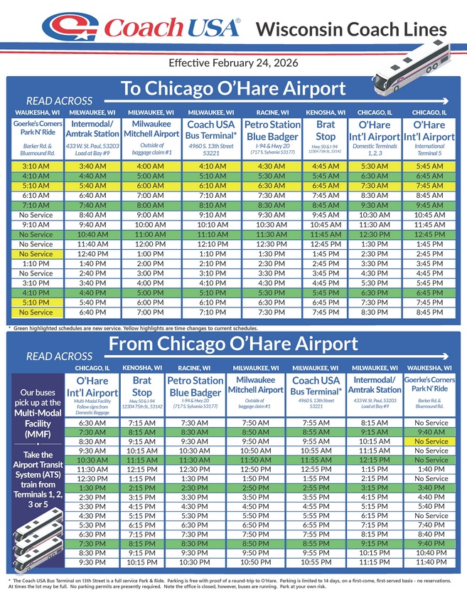 Coach USA Airport Express Schedule - Feb 24, 2026