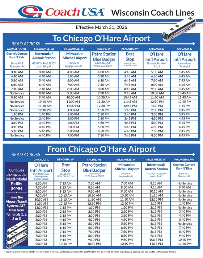 Coach USA Airport Express Schedule - Mar 31, 2026
