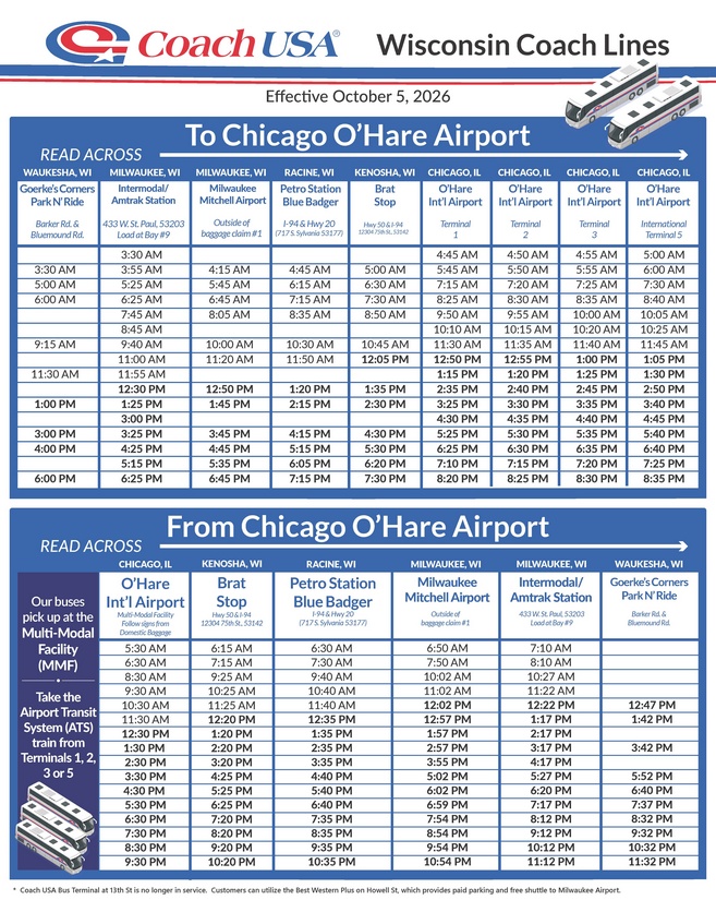 Coach USA Airport Express Schedule - Oct 5, 2026