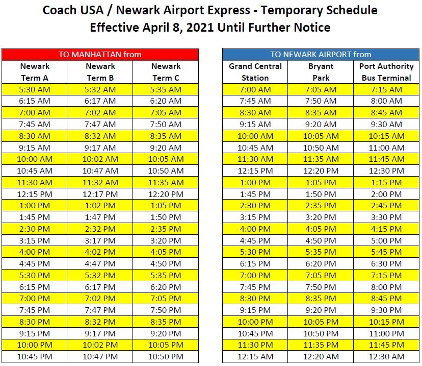 Coach USA / Newark Airport Express ‐ Temporary Schedule Coach USA